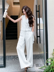 轻熟风气质套装女2026夏季拼蕾丝西装马甲显瘦阔腿裤两件套，女装套装/套裙，冬木谷雨
