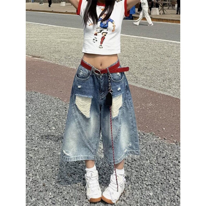 夏季男女美式复古破洞牛仔七分短裤小众设计感中裤网图,男装牛仔裤,星座410-7