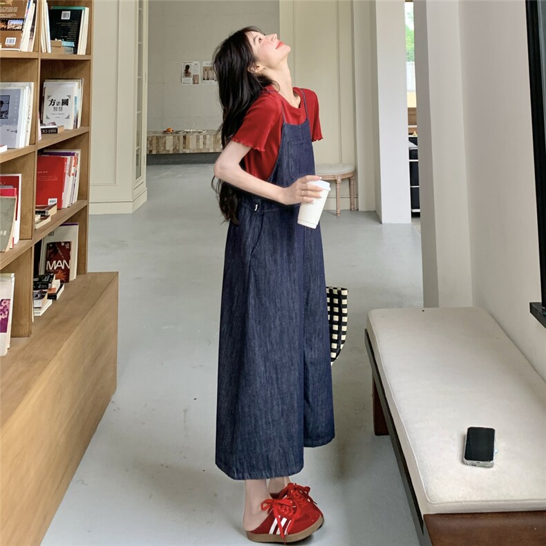 复古牛仔吊带连衣裙套装女2025夏季新款学院风减龄短袖T恤两件套,女装套装/套裙,2C012
