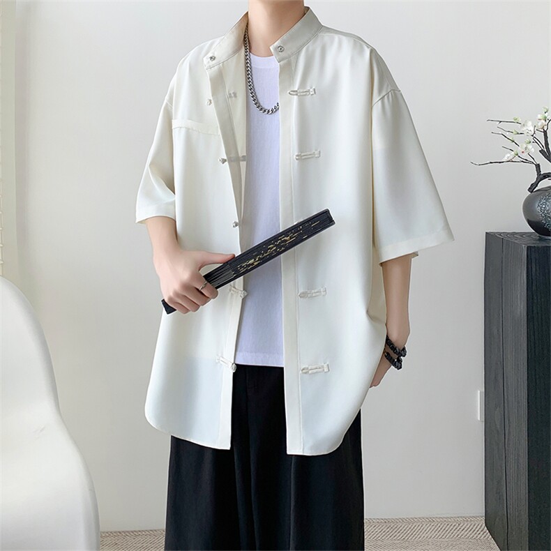 新中式男装夏季薄款冰丝衬衫短袖国风盘扣五分袖衬衣翻领唐装汉服图片
