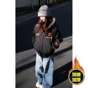 现货高品质美式高街重磅刺绣座山雕大毛毛领棉衣男女加厚棉服外套图片