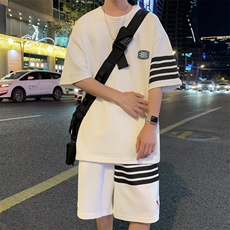 夏男运动套装三条杠条纹贴标短袖T恤短裤套装TZ18P45，男装T恤，星座1013-1