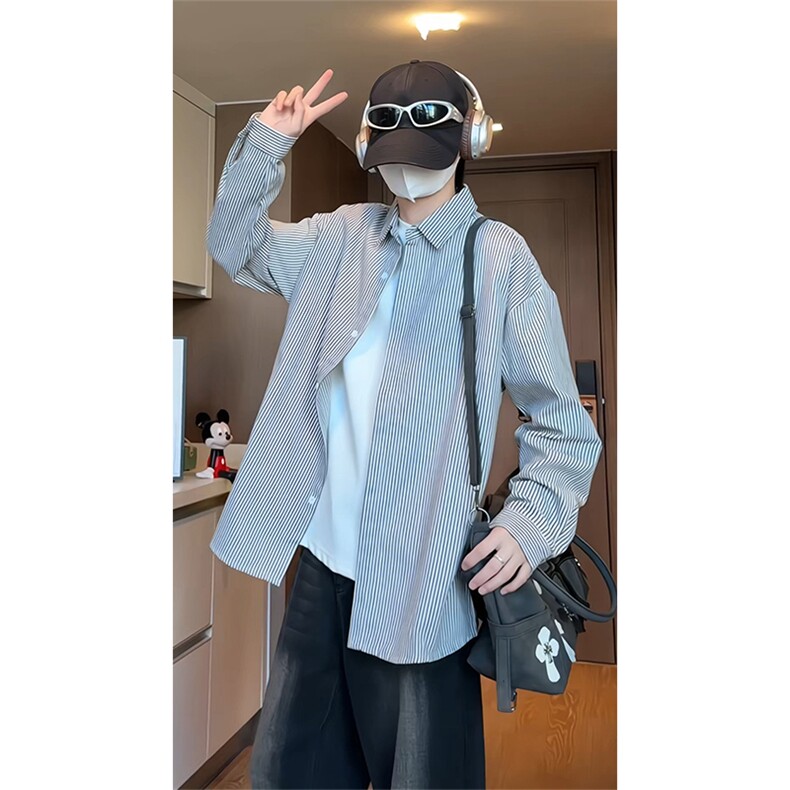 日系复古条纹长袖衬衫男高级感穿搭大码休闲衬衣外套C2251-特价28,男装衬衫,电商A007