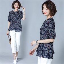 时尚潮流舒适蕾丝衫/雪纺衫2024年夏季花版不规则短袖圆领气质，女装蕾丝衫/雪纺衫，风姿绰