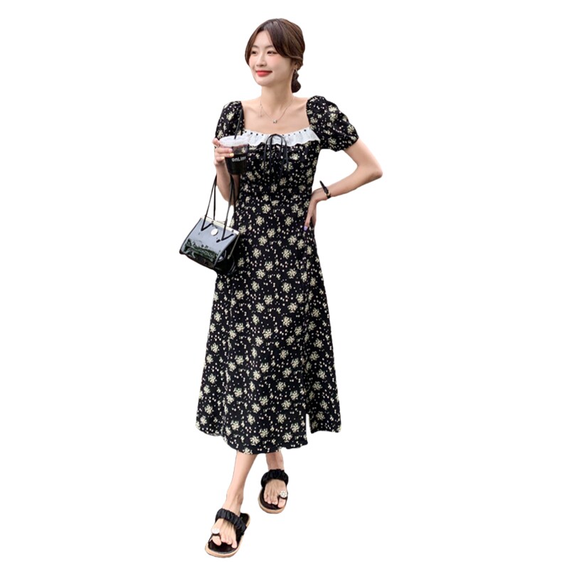 黑色方领花边碎花连衣裙女2023夏新款法式茶歇高级感收腰显瘦长裙,女装连衣裙,2C037