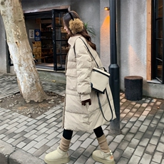 米白色松弛感针织拼接翻领长款羽绒服女2025冬季新款加厚保暖外套，女装羽绒服，2C159