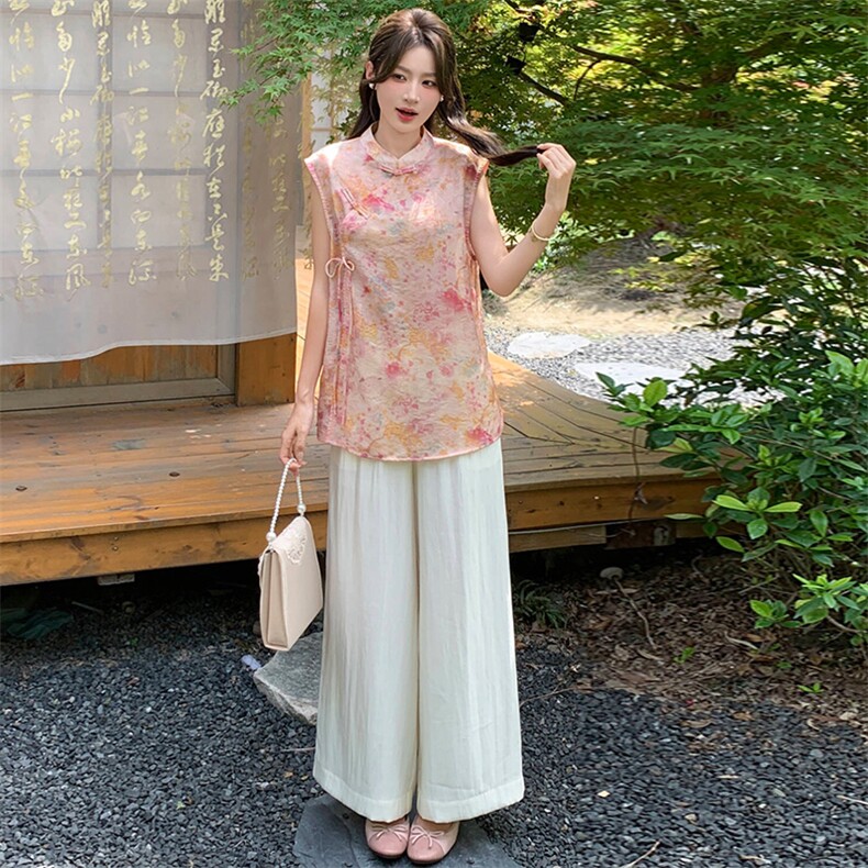 新中式g风套装女2026夏季流行复古印花盘扣旗袍上衣阔腿裤两件套,女装套装/套裙,超帛