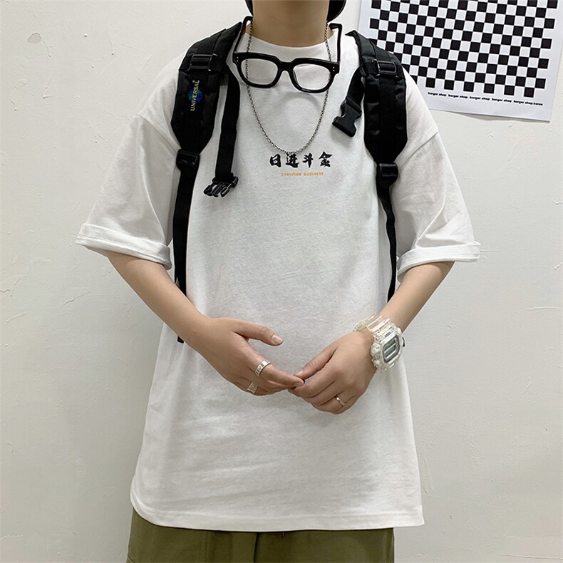 夏季新款日进斗金印花 宽松版圆领短袖T恤衫男青少年D81图片