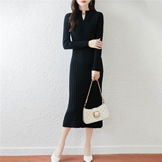 2025年秋季休闲风中长款抽条开领长裙，女装连衣裙，绒汀羊绒