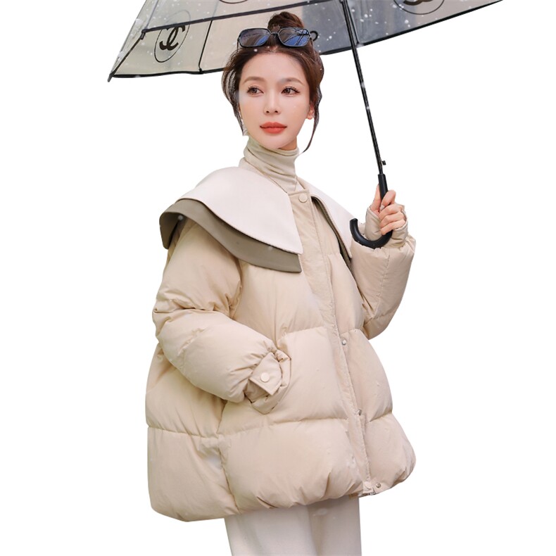 2024年冬季90白鸭绒拼接特色娃娃领气质淑女韩版羽绒服女,女装羽绒服,韩蜜菓