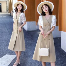2022年夏季时尚百搭潮流舒适拼接袖口甜美连衣裙，女装连衣裙，冬木谷雨