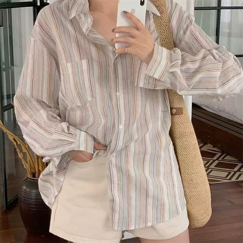 拉夏贝尔防晒条纹衬衫女夏季2025新款慵懒风宽松休闲长袖开衫上衣图片