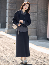 时尚套装女2025秋新款减龄假两件衬衫拼接马甲垂感半身裙两件套，女装套装/套裙，冬木谷雨