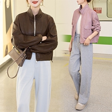欧货立领皮衣外套女2025春秋新款小个子休闲宽松百搭机车夹克上衣，女装皮衣，跑量工厂店
