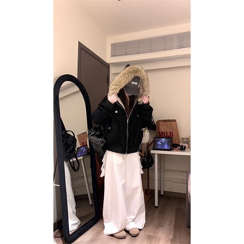 现货重磅boxy短款棉衣座山雕大毛毛领男女棉服水洗工装厚外套,男装棉衣,电商A486-1