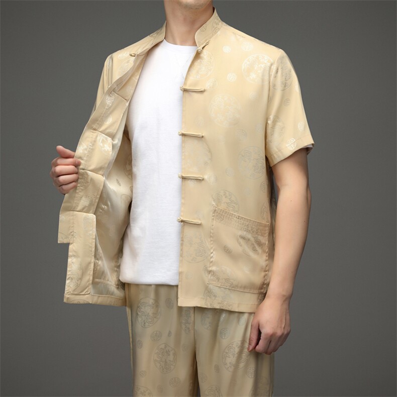 中老年人唐装男短袖夏装冰丝风薄款爸爸爷爷绸套装,男装民族服装,电商B212（原钱塘6029）