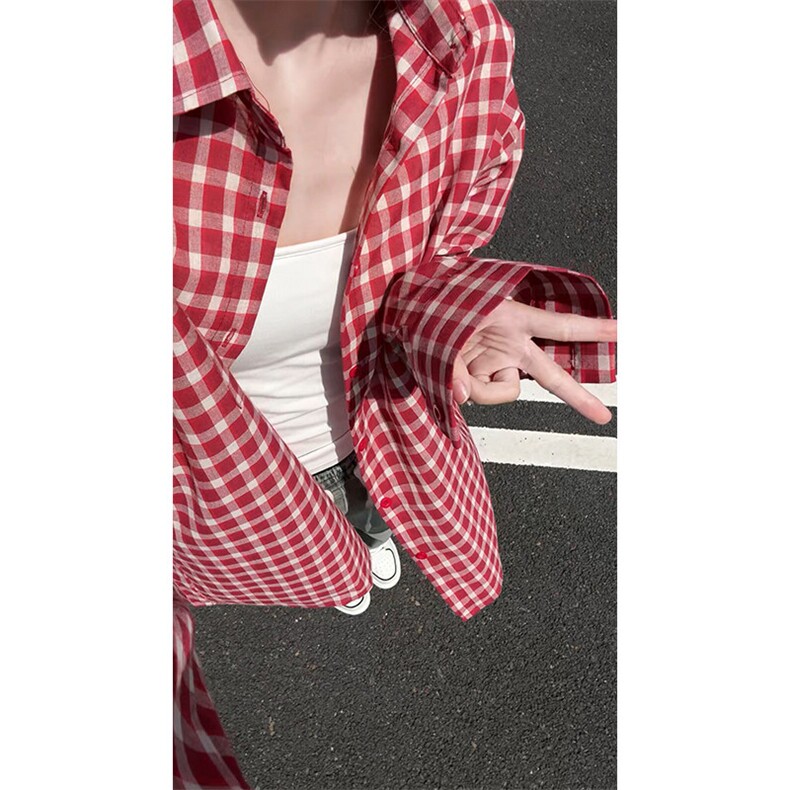 韩版时尚休闲红色格子小众设计感衬衫上衣衬衣C2247-特价P35,男装衬衫,电商A007