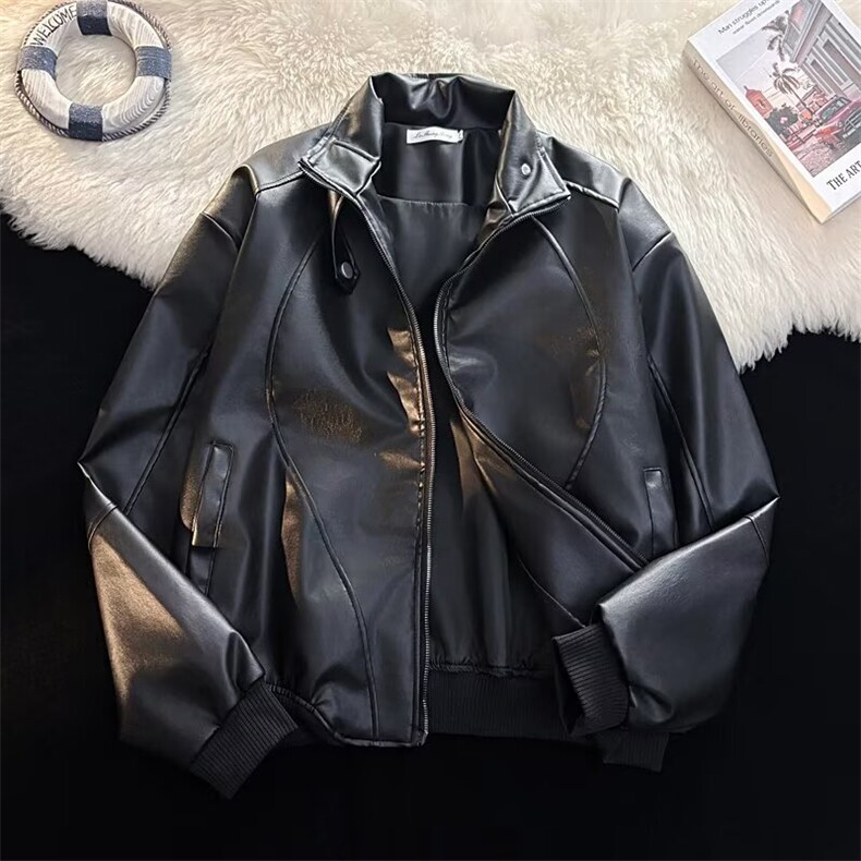 PU皮衣男士痞帅宽松潮流翻领机车服皮夹克衫外套1631 P64图片