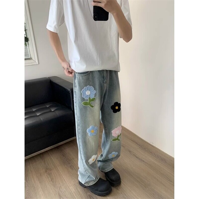 潮花朵刺绣牛仔裤男街头痞帅直筒裤子美式休闲长裤网络图,男装牛仔裤,星座410-7