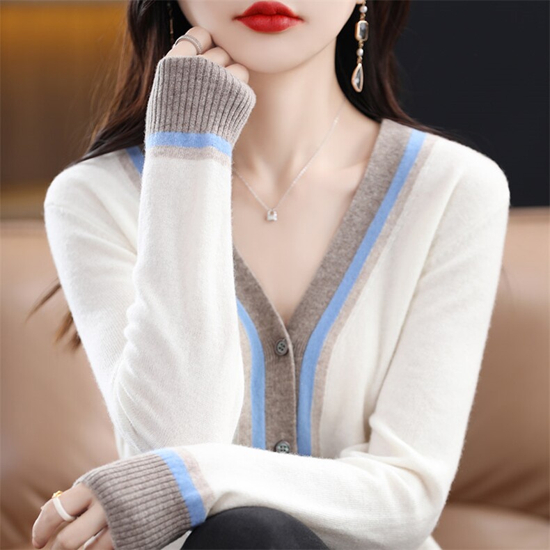 2025秋冬新款100羊毛开衫女V领长袖撞色毛衣百搭宽松羊绒针织外套图片