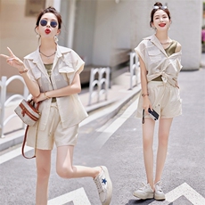 时尚休闲防晒三件套女2024夏新款短袖衬衫打底背心短裤穿搭一整套，女装套装/套裙，采品优优