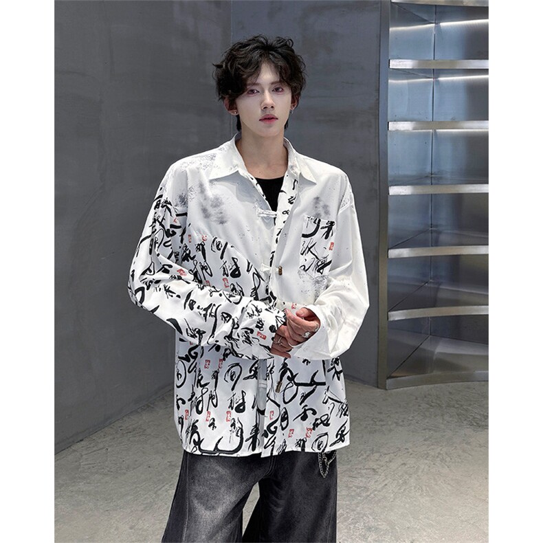 CS1152-特批38控68秋季新款新中式撞色拼接长袖冰丝衬衫大码男,男装衬衫,电商A059