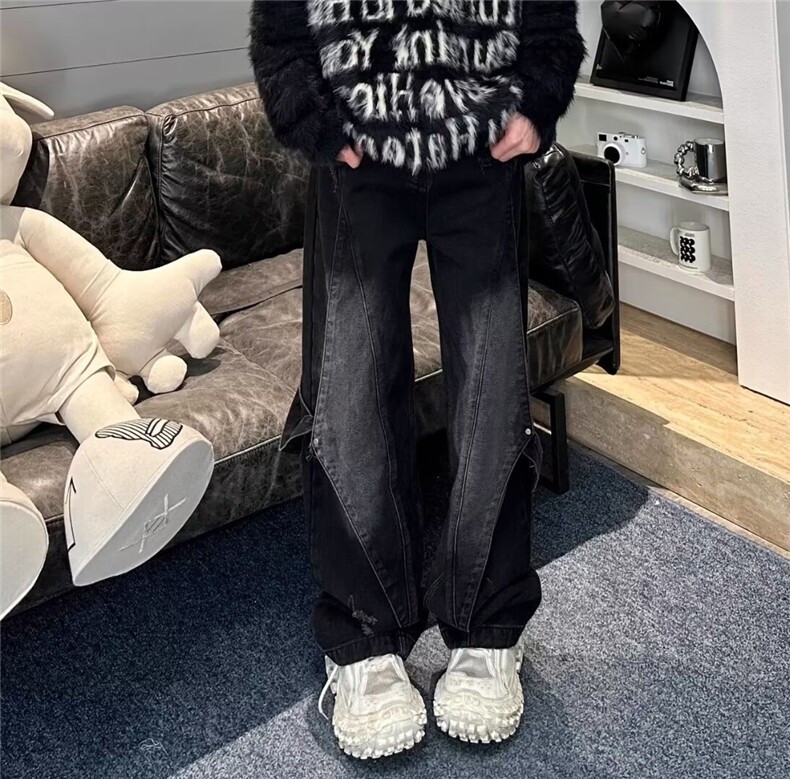 新款美式高街做旧水洗牛仔裤百搭休闲拼接设计感裤子LN8155-P55,男装牛仔裤,星座1008