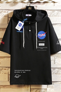 LD54243-P45 NASA连帽短袖t恤男大码胖子带帽五分袖中袖 砖墙图片