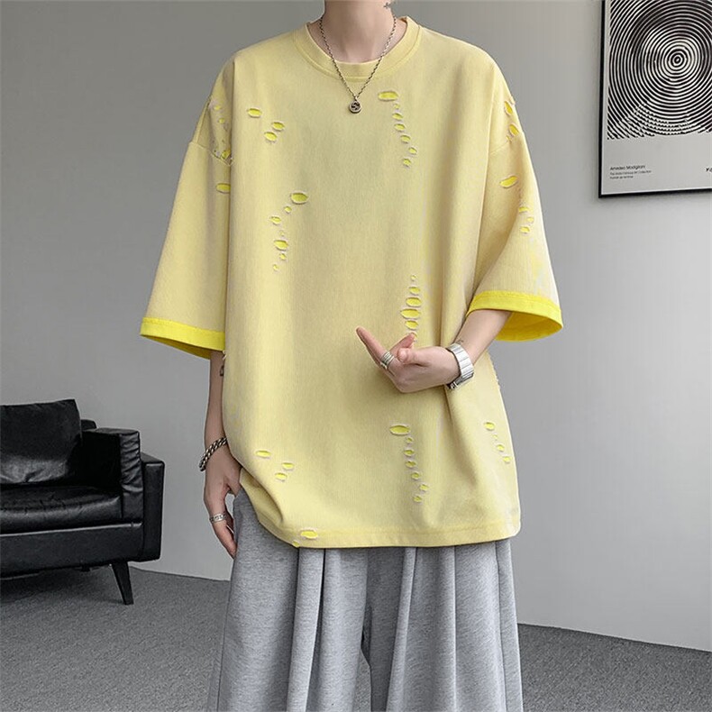 T10137-特批33控68开口笑高品质夏季大码短袖破洞潮流百搭T恤,男装T恤,电商A059