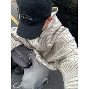 网图条纹连帽拉链外套男2025新款设计感宽松美式开衫卫衣特P68