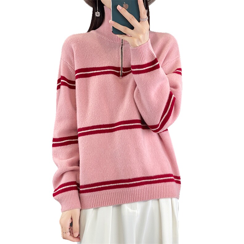 100%纯羊毛衫女半开领拉链条纹拼色加厚长袖针织毛衣宽松羊绒打底,女装羊毛衫,冀清阳荣