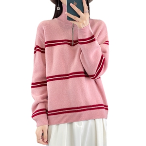100%纯羊毛衫女半开领拉链条纹拼色加厚长袖针织毛衣宽松羊绒打底图片