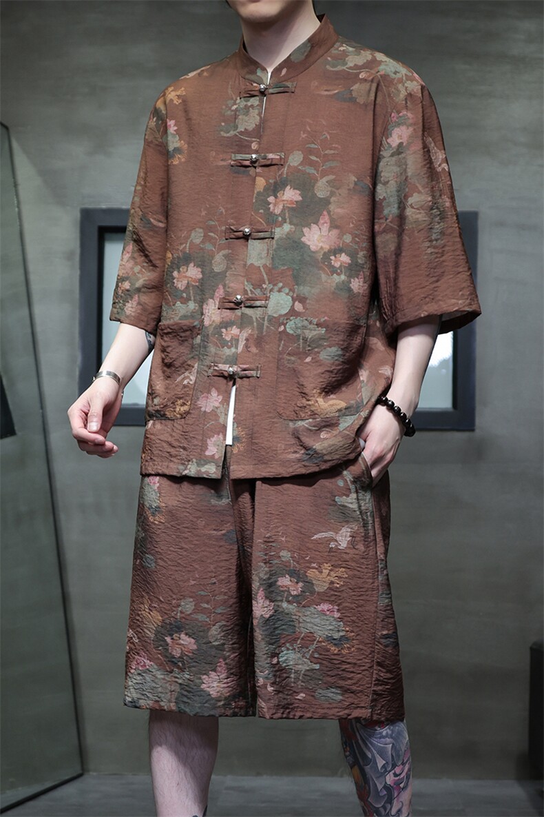 2025夏季新款男风冰丝透气民族风印花套装短袖+短裤A110-P80,男装休闲套装,电商B277(原6028)