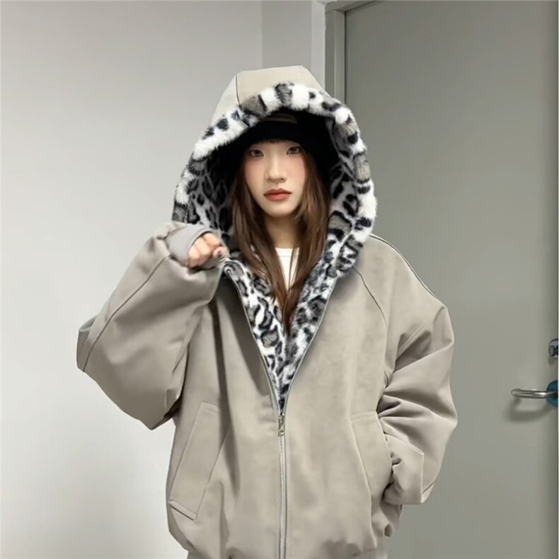 棕色双面穿豹纹连帽棉服男女冬季加绒加厚座山雕外套PU皮三防保暖图片