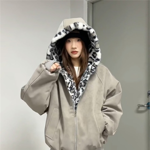 棕色双面穿豹纹连帽棉服男女冬季加绒加厚座山雕外套PU皮三防保暖图片
