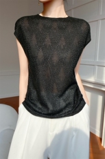 时尚显瘦百搭夏季新款女士烫钻16针欧根纱短袖，女装T恤，雪真羊绒