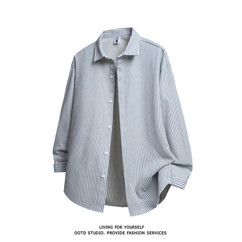 得物白底牛仔条纹衬衫长袖衬衣潮流宽松休闲外套CS017-P30,男装衬衫,星座301C-5