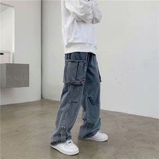 春季ins街头潮流阔腿卷边牛仔裤男潮牌宽松工装牛仔裤长裤k36-p45，男装牛仔裤，星座1008-2