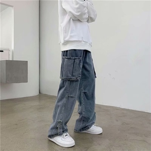 春季ins街头潮流阔腿卷边牛仔裤男潮牌宽松工装牛仔裤长裤k36-p45图片