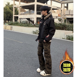现货高品质美式高街重磅刺绣座山雕大毛毛领棉衣男女加厚棉服外套图片