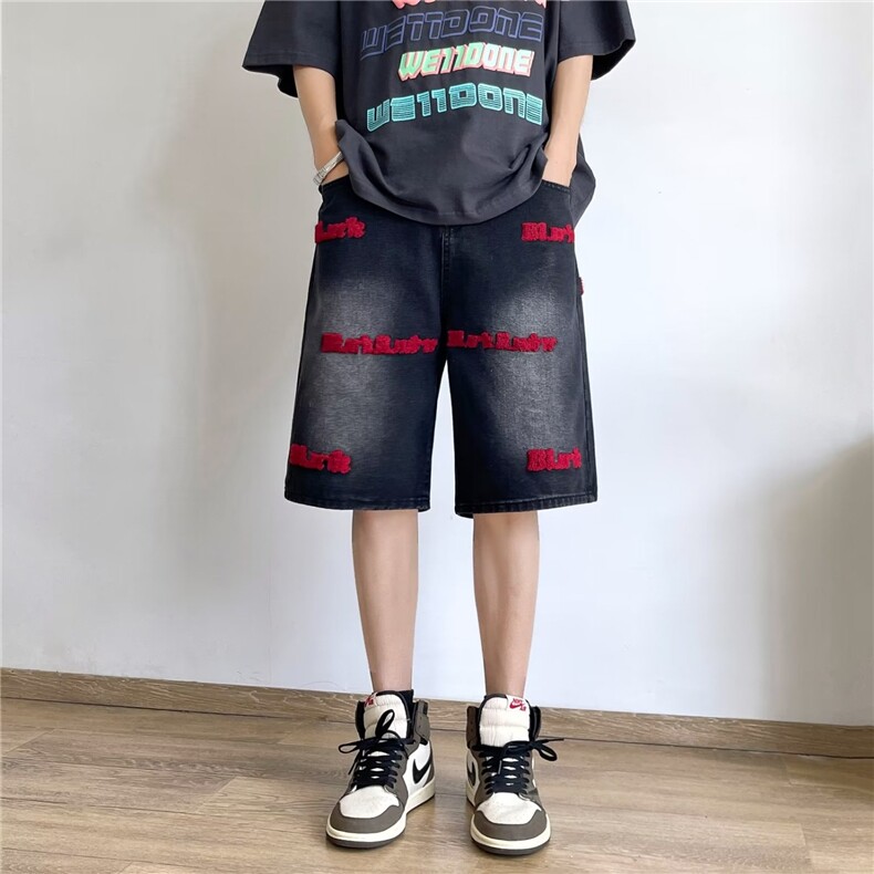 刺绣牛仔短裤男款夏季美式高街水洗五分裤潮牌欧美设计感小众裤子,男装牛仔裤,星座1210-1