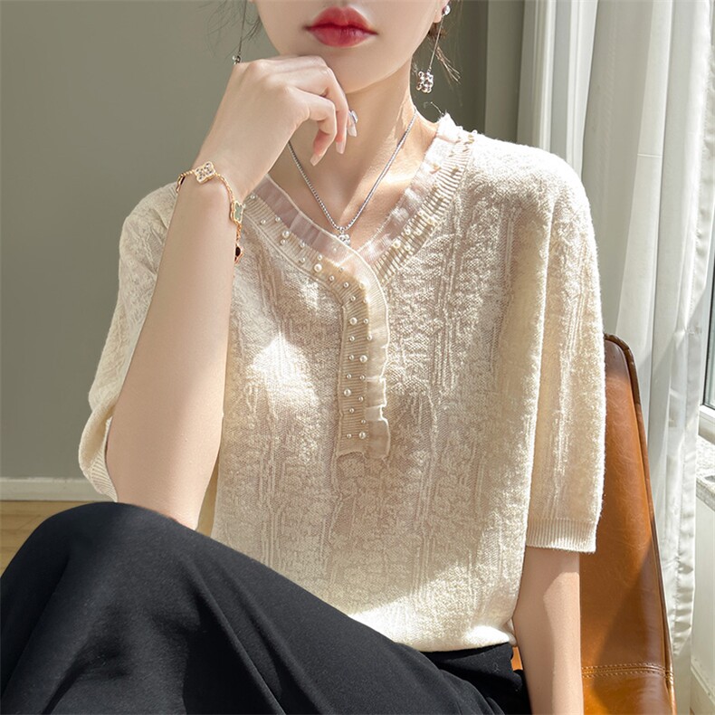 杭州真丝V领短袖女宽松提花百搭短款洋气夏季新款桑蚕丝t恤上衣女,针织衫/毛衣,暖圣羊羊绒