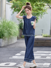 现货！夏季新款套装女2025时尚气质优雅减龄牛仔刺绣两件套装，女装套装/套裙，涵墨