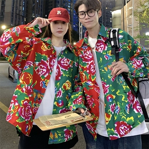 PC203情侣休闲东北大花拼接长袖衬衫外套男女宽松寸衣汉服演出服