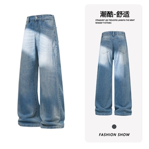 B221 美式ins高街暗黑宽松直筒竹节纹牛仔裤LK26626-特P46控88图片