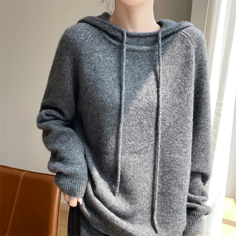 慵懒风77%山羊绒衫23%桑蚕丝针织连帽卫衣女秋冬软糯薄款宽松毛衣,针织衫/毛衣,多娇羊绒