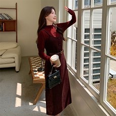 现货秋装新款连衣裙+针织上衣套装配腰带A19P155-K208，女装连衣裙，2D045