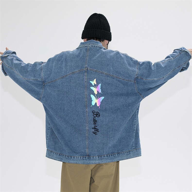 2021秋季新日系大码男镭射反光炫彩蝴蝶印花牛仔夹克外套NJ126P70图片