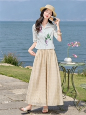 轻熟风时尚小翻领印花衬衫套装女2026夏气质上衣裙裤两件套，女装套装/套裙，水衣源