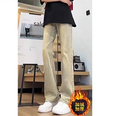 网图微喇加绒牛仔裤弯刀黄泥水洗显瘦修身裤子A025-FJ1055-P45，男装牛仔裤，电商A025